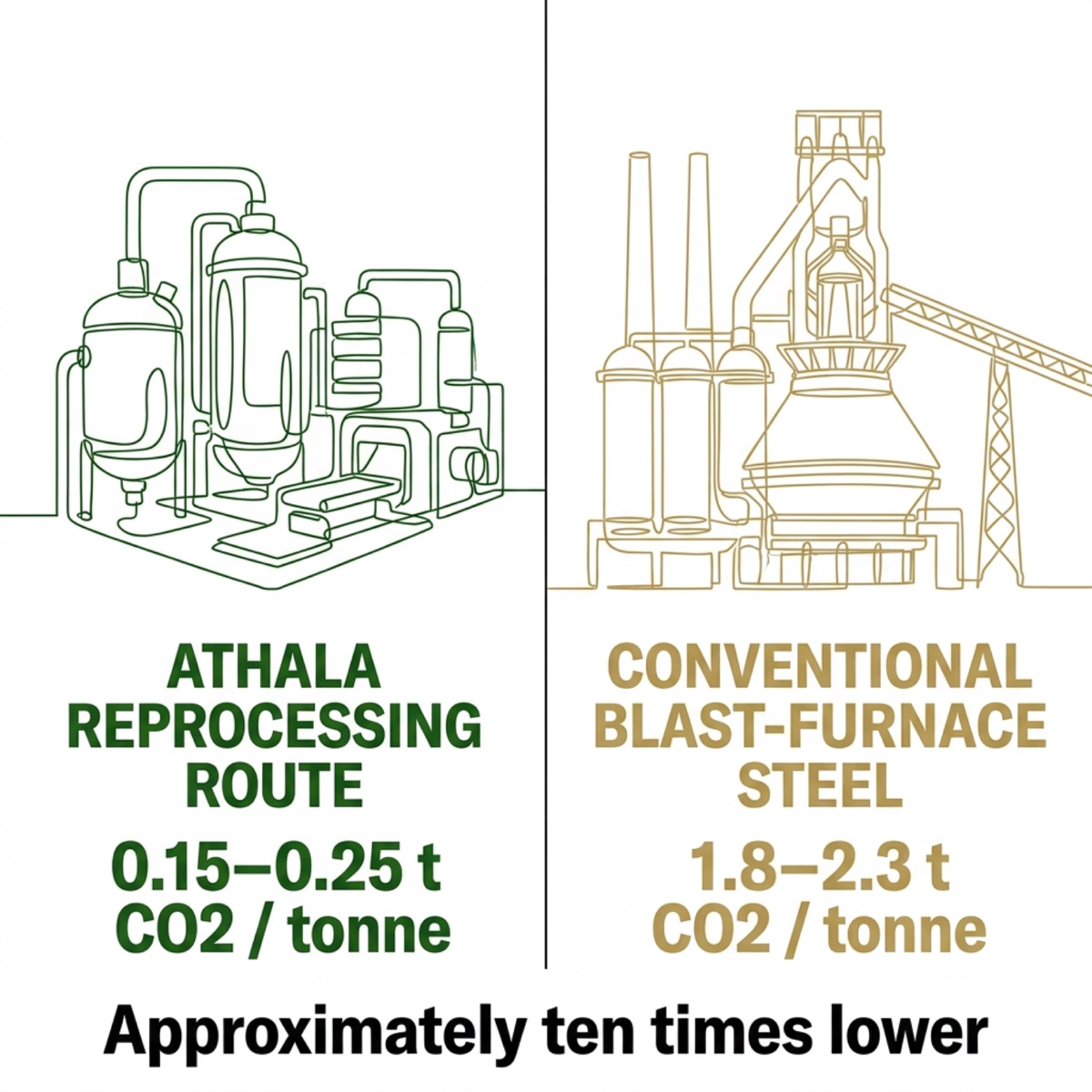 Carbon footprint comparison: ATHALA reprocessing route 0.15–0.25 t CO₂ per tonne versus conventional blast-furnace steel 1.8–2.3 t CO₂ per tonne — approximately ten times lower.